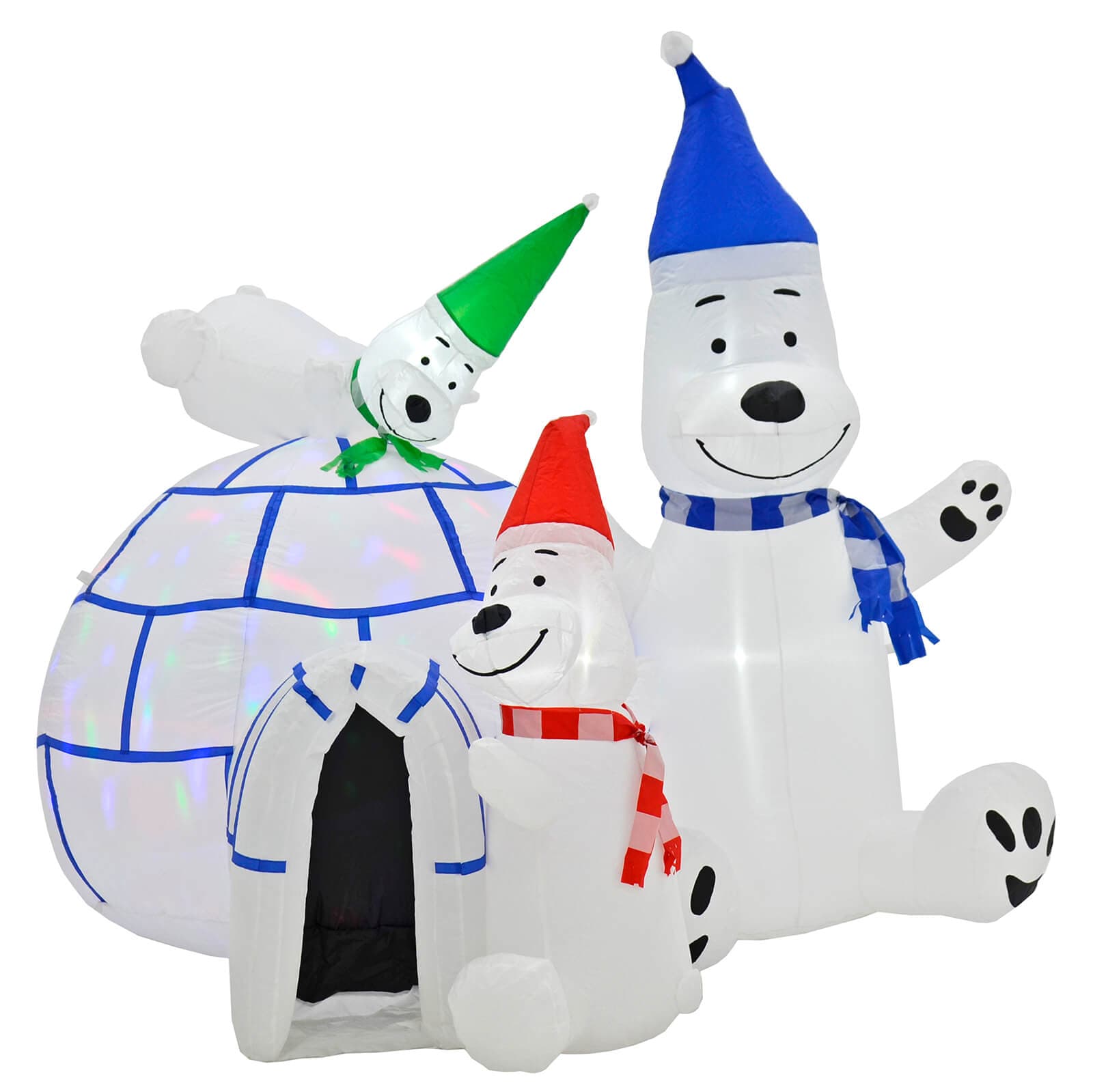Large inflatable Christmas decoration with igloo and polar bears, lit by white LEd lights and a disco coloured light